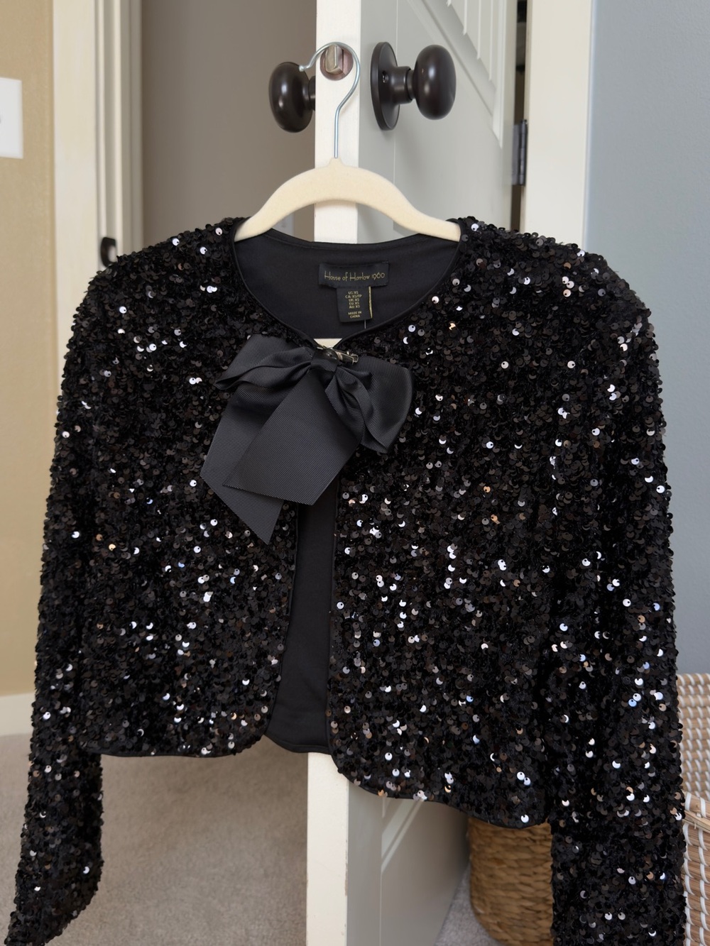 House of Harlow 1960 Black Sequin Bow-Front Cropped Jacket